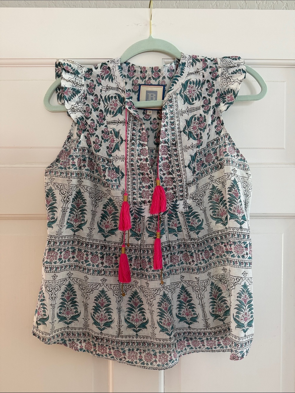 Hunter Bell Floral Tassel Top - White with Teal & Pink